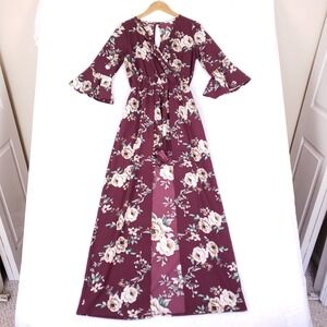 Miami Floral Maxi Romper S Bell Sleeve Burgundy Skort Dress Wedding Guest Boho